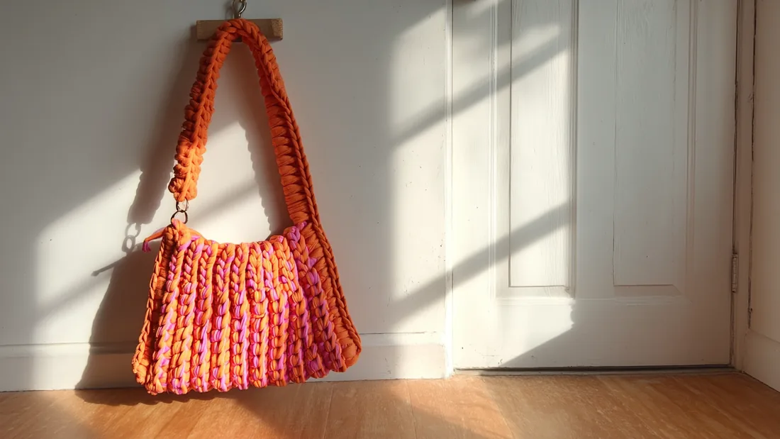 Orange and pink crochet bag hanging on a wall in low afternoon light